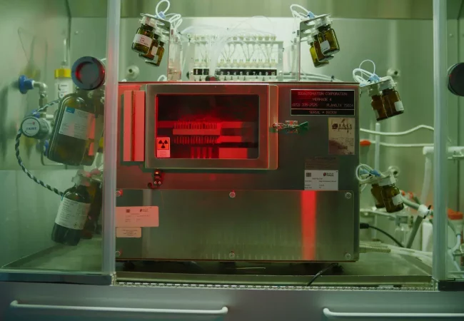 Automated radiolabeling system under red lighting, used for preparing Carbon-14 labeled biologics for Accelerator Mass Spectrometry (AMS) analysis.