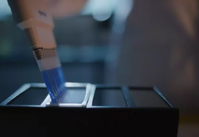 Radiolabelled Microtracers - Close-up of a multi-channel pipette dispensing liquid into a tray, set against a softly lit laboratory backdrop, emphasizing precision in scientific work.