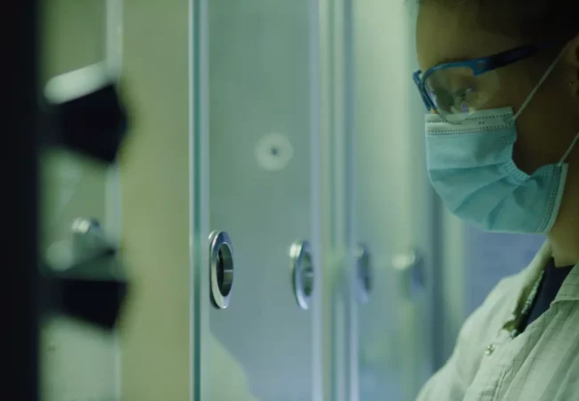 A scientist wearing a mask and safety goggles works in a laboratory, closely observing an experiment through a glass panel equipped with circular access ports.