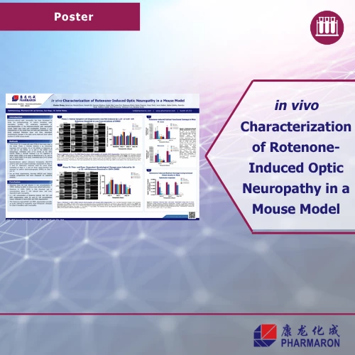 Scientific poster titled "In vivo Characterization of Rotenone-Induced Optic Neuropathy in a Mouse Model" with charts and data visuals.