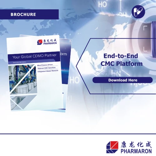 Pharmaron brochure promoting its global CDMO partnership and end-to-end CMC platform, with a molecular background and download option.