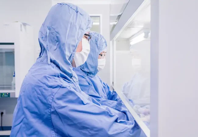 Scientists in blue sterile gowns and masks working in a cleanroom, handling research samples under a laboratory hood for CNS and PNS disease models.