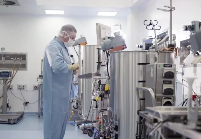 Scientist in cleanroom attire monitors stainless steel bioreactors in a GMP manufacturing facility, ensuring compliance with pharmaceutical production standards.
