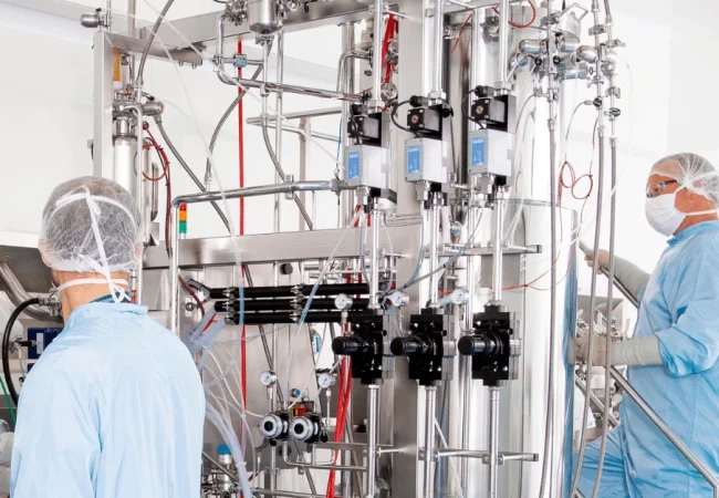 Two scientists in protective gear work in a CDMO plasmid manufacturing suite. One operates a control panel, while the other adjusts equipment on a large, stainless steel bioreactor system, designed for producing plasmid DNA at scale. Tubing, valves, and sensors emphasize precise, high-tech biopharmaceutical production.