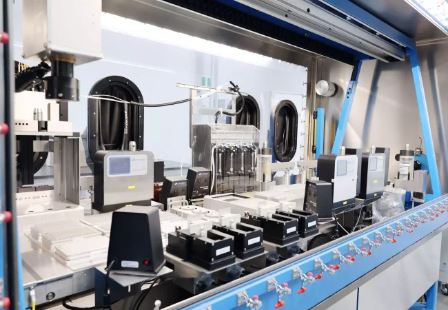 An automated laboratory system processes samples related to DNA-encoded libraries. The equipment is arranged for high-throughput screening, featuring multiple instruments and sample trays for efficient analysis.