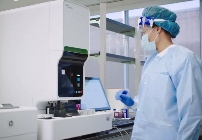 A scientist in protective gear operates a machine in a lab during vaccine development and infectious challenge studies, monitoring data on a nearby screen.