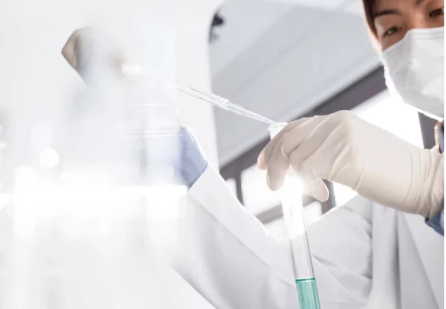 Scientist in protective gear using a pipette to transfer liquid into a test tube, conducting dermal penetration studies in a lab.