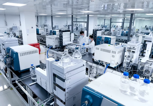 A modern, well-lit lab showcasing DMPK services. Two individuals in lab coats work with high-tech bioanalytical instruments, highlighting the clean, organized, and advanced environment.