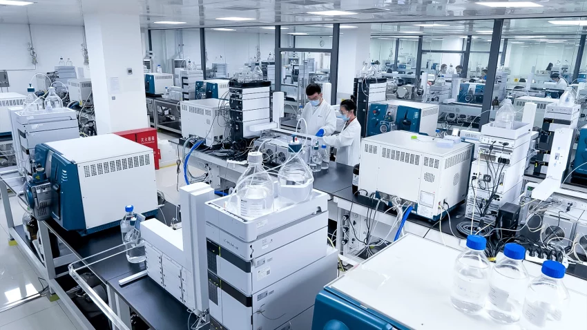 A modern, well-lit lab showcasing DMPK services. Two individuals in lab coats work with high-tech bioanalytical instruments, highlighting the clean, organized, and advanced environment.