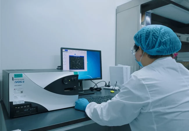 A scientist in protective gear operates an IVOS II analysis system, reviewing general toxicology data displayed on a computer screen.