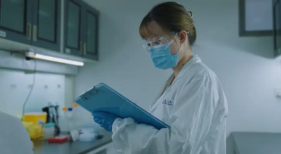 A scientist in safety gear reviews data on a clipboard in a lab, conducting general toxicology assessments for pharmaceutical studies.