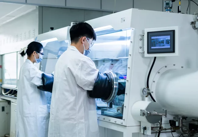 Two scientists in protective gear work with specialized equipment in a controlled laboratory setting, conducting advanced chemistry experiments.