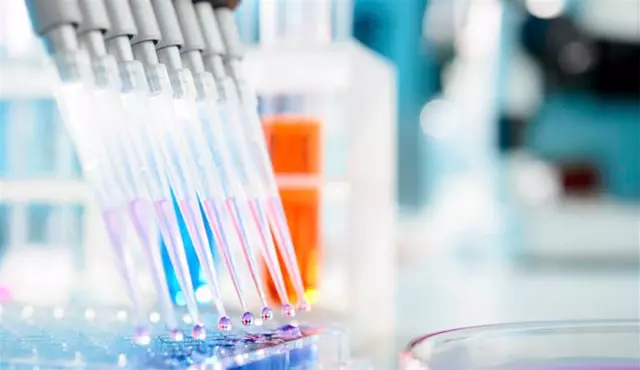 A multichannel pipette dispenses vibrant liquids into a microplate, with droplets forming at the tips. The colorful solutions reflect high-throughput testing, often used in DNA-encoded libraries or compound screening.