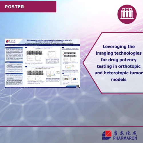 Poster on imaging technologies for drug potency testing in orthotopic and heterotopic tumor models, set against a geometric digital background.