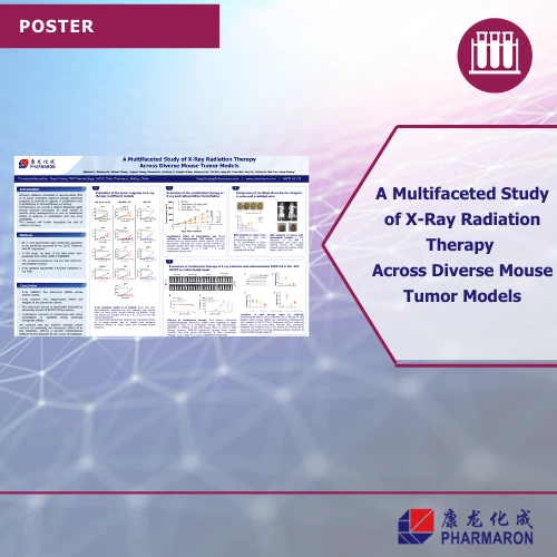 Scientific poster titled "A Multifaceted Study of X-Ray Radiation Therapy Across Diverse Mouse Tumor Models" displayed on a digital abstract background.