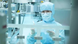 A laboratory worker in full protective gear, including a hairnet, mask, gloves, and blue coveralls, is handling a vial in a high-tech lab environment. Machines and equipment surround them, and the setting appears to be sterile and controlled as they conduct preclinical ADME studies.