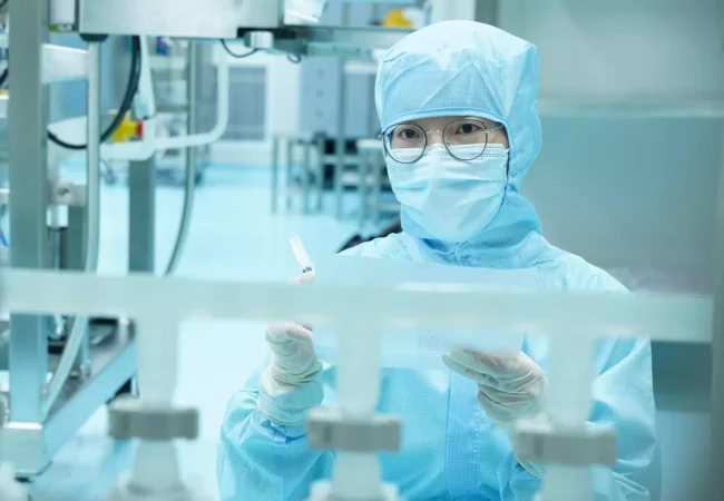 A laboratory worker in full protective gear, including a hairnet, mask, gloves, and blue coveralls, is handling a vial in a high-tech lab environment. Machines and equipment surround them, and the setting appears to be sterile and controlled as they conduct preclinical ADME studies.