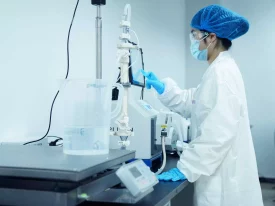 A person in a lab coat, gloves, mask, and blue hairnet operates scientific equipment in a laboratory. They are adjusting a machine connected to tubes and containers, with various lab instruments and devices on the counter nearby, contributing to bioanalytical development.