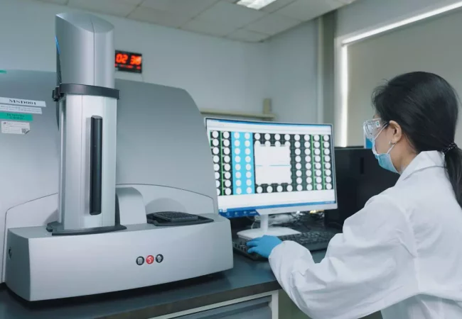 A lab technician wearing a white coat, safety goggles, and a face mask operates a machine while looking at data on a computer screen. The laboratory setting, crucial for bioanalytical development, includes shelves with binders in the background and a clock displaying the time as 09:23.