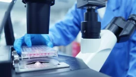 A scientist wearing blue gloves and a blue lab coat is placing a clear plastic multiwell plate under a microscope in a laboratory, conducting preclinical ADME studies. The image focuses on the microscope and the multiwell plate.