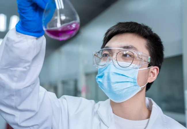A scientist wearing a white lab coat, safety goggles, and a blue face mask holds up an Erlenmeyer flask containing a pink liquid. They are inside a laboratory, focused on the flask's contents while wearing blue gloves, conducting Preclinical ADME studies.