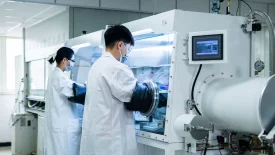 Two scientists wearing white lab coats and protective masks work in a laboratory. They handle samples inside a large glove box with viewing windows and access ports. One scientist adjusts equipment while the other examines a sample under bright lighting, as part of their preclinical ADME studies.