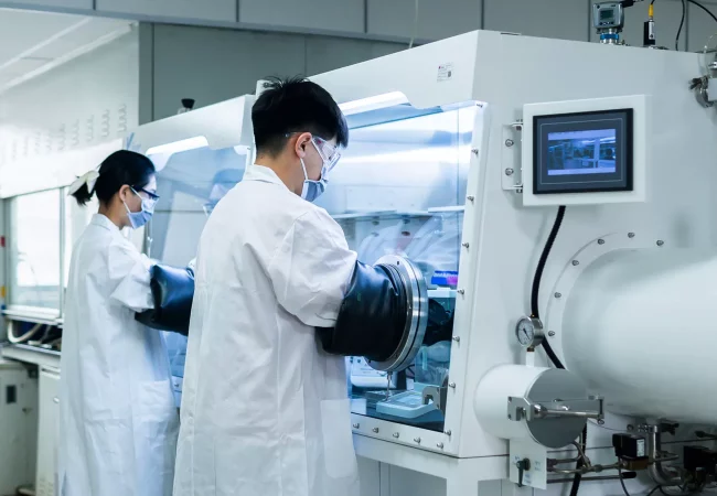 Two scientists wearing white lab coats and protective masks work in a laboratory. They handle samples inside a large glove box with viewing windows and access ports. One scientist adjusts equipment while the other examines a sample under bright lighting, as part of their preclinical ADME studies.