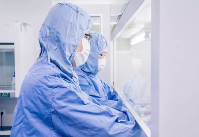 Two scientists wearing blue protective suits, masks, and safety glasses work inside a sterile lab environment. Focused on tasks at a laminar flow hood, they ensure a contaminant-free workspace essential for accurate Radiolabelled ADME studies.