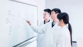 Three people in lab coats stand in front of a whiteboard covered with chemical formulas. A man in the middle, discussing bioanalytical development, points at one of the formulas with a marker, while the other two, a man and a woman, observe attentively.