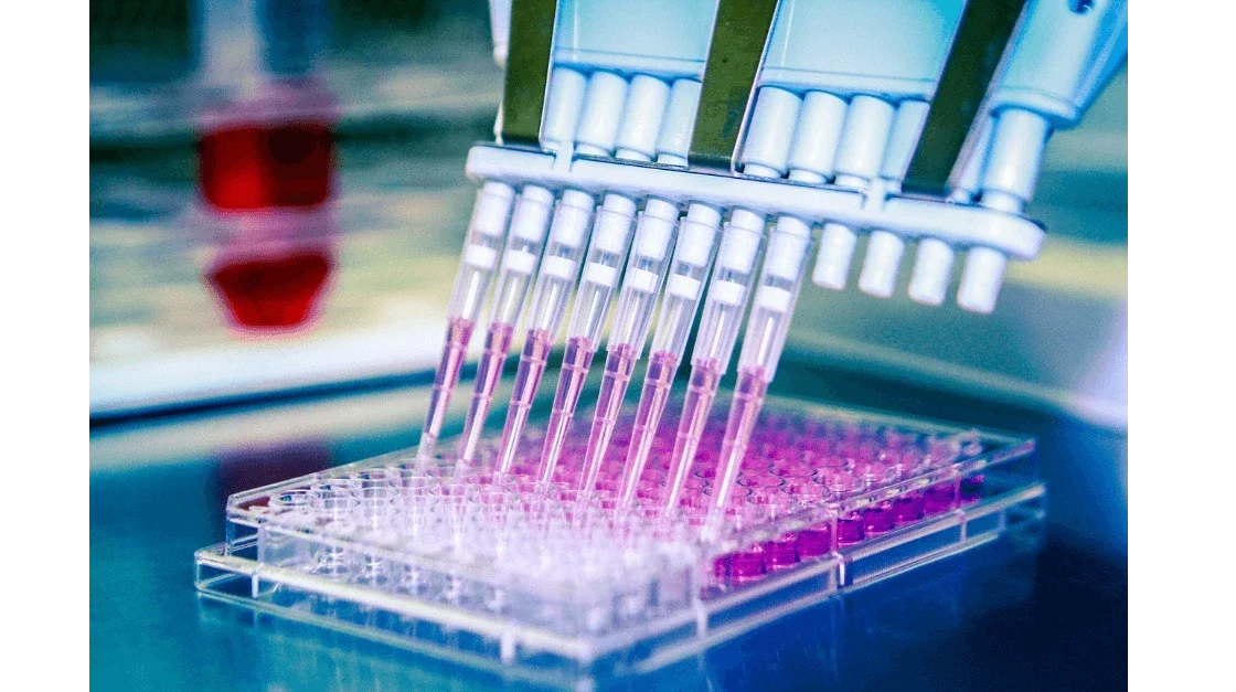 Multi-channel pipette dispensing pink liquid into a 96-well plate, representing Tritium and Carbon-14 radiolabeling (RadioTag) in research assays.