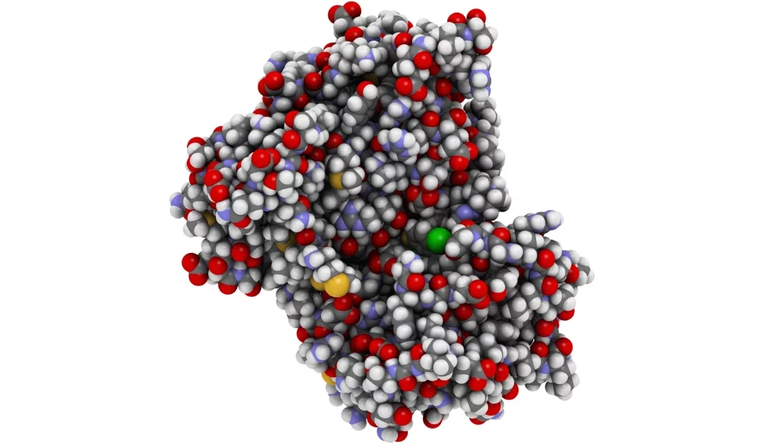 A 3D molecular structure model representing Tritium and Carbon-14 radiolabels (RadioTag), featuring colorful atoms clustered together in a dense formation.