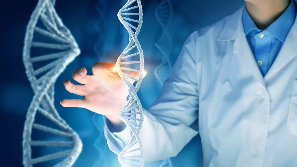 A scientist in a lab coat interacts with a digital representation of a DNA strand, symbolizing genetic research or manipulation. The glowing DNA helix reflects advancements in gene editing, sequencing, or therapeutic development, highlighting the intersection of science and innovation in genetics.