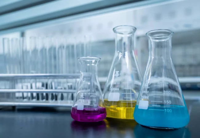 A close-up shot of three Erlenmeyer flasks containing colorful liquids (pink, yellow, and blue) on a laboratory bench. In the background, there is a rack of empty test tubes on the left and blurry lab equipment used in bioanalytical development for preclinical ADME studies.