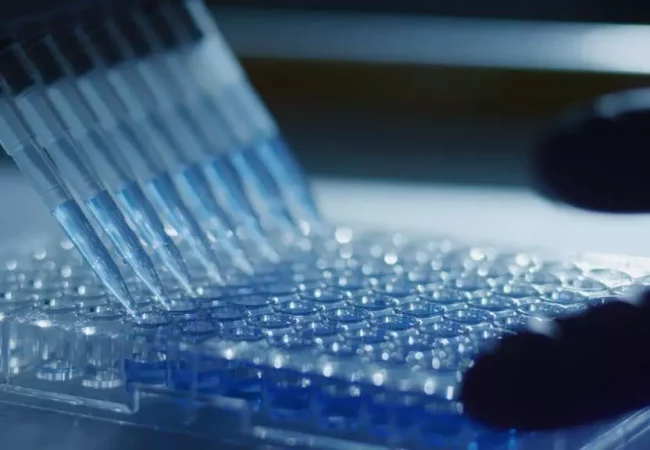 A multichannel pipette dispensing blue liquid into a clear 96-well plate for an in vitro metabolism study at the Rushden laboratory.