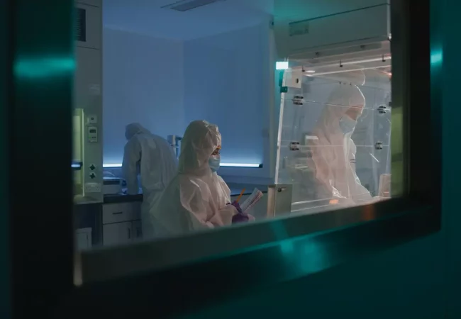 Scientists in full protective suits work inside a controlled lab environment at the Rushden facility, conducting radiolabeling experiments. One researcher documents data while another works under a fume hood.