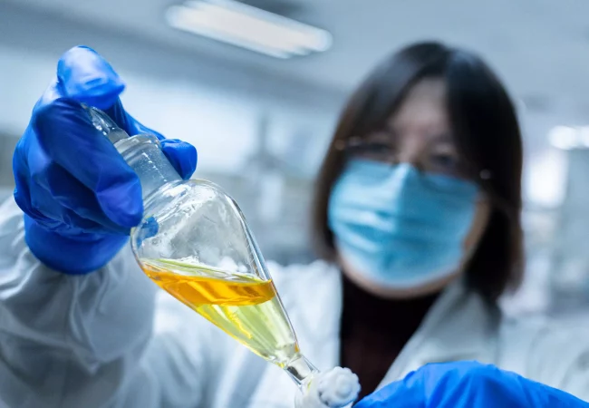 A scientist wearing protective gear holds a separatory funnel containing a yellow lipid solution, conducting an experiment in a laboratory.