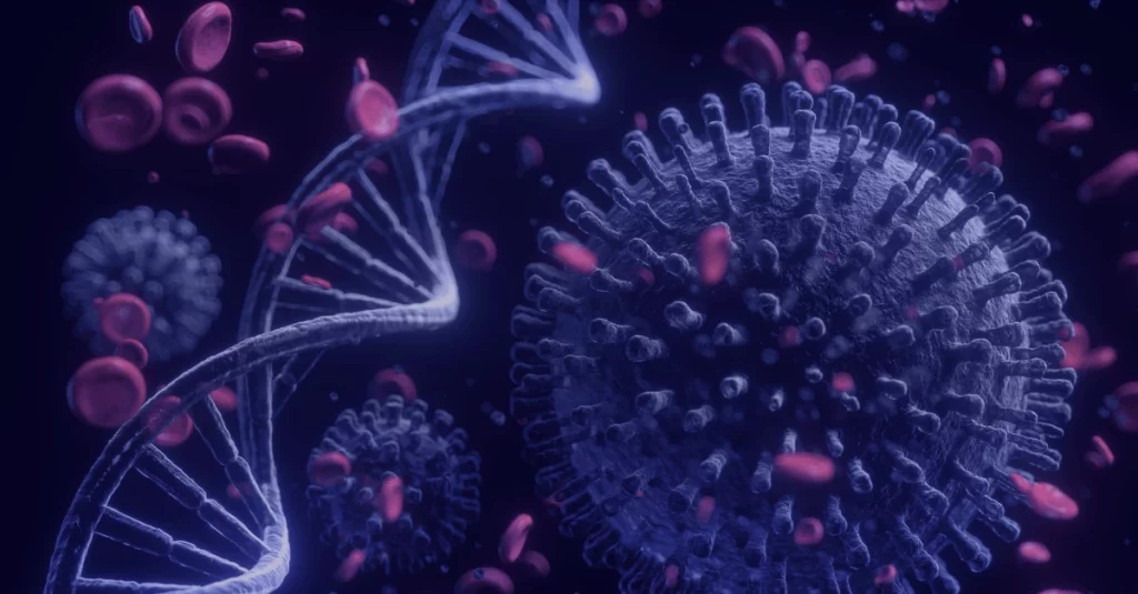 A 3D illustration shows a DNA strand intertwined with virus-like structures and red blood cells, symbolizing molecular biology research. The detailed visualization highlights genetic interactions, viral mechanisms, or therapeutic interventions at the cellular level.