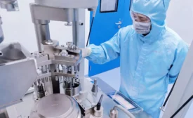 A person wearing blue protective clothing, including a mask and hood, operates machinery in a cleanroom environment, likely involved in bioanalytical development or pharmaceutical manufacturing. A blue door is visible in the background.