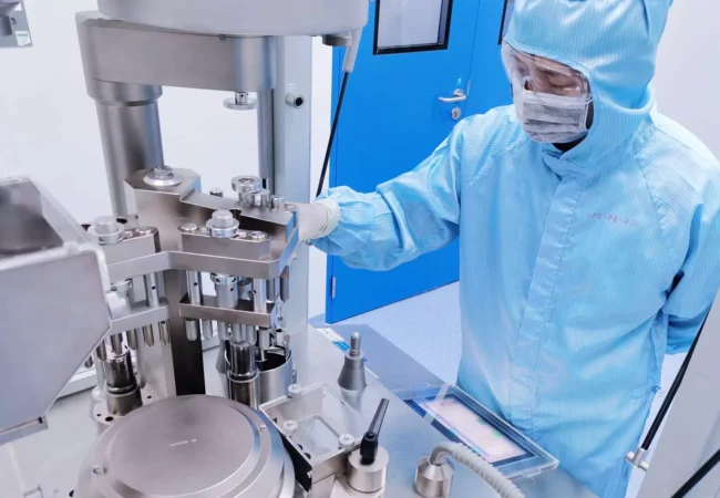 A person wearing blue protective clothing, including a mask and hood, operates machinery in a cleanroom environment, likely involved in bioanalytical development or pharmaceutical manufacturing. A blue door is visible in the background.