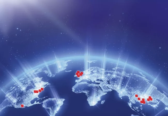 A digital representation of the all Pharmaron's locations globally with glowing logos