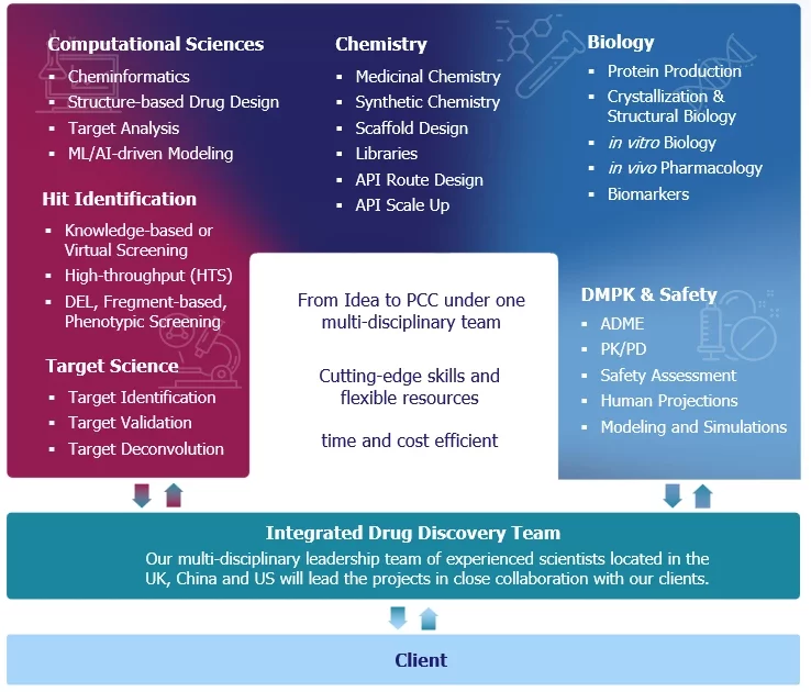An infographic outlining Pharmaron's Integrated Drug Discovery services, covering computational sciences, chemistry, biology, hit identification, target science, DMPK & safety.