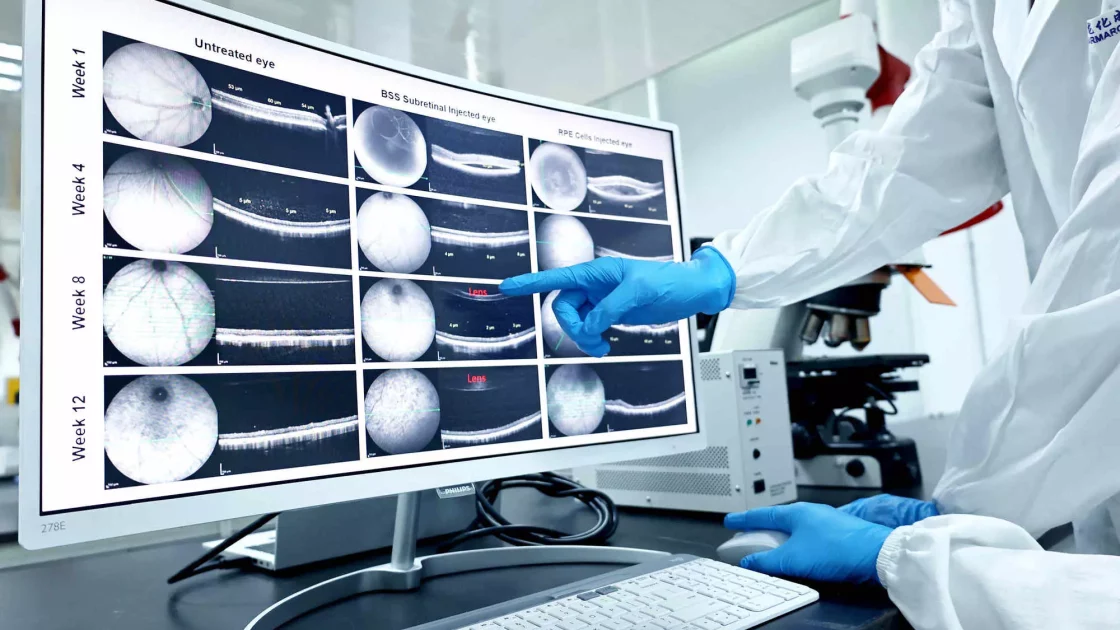 A scientist in gloves points at a computer screen displaying retinal images from a CGT safety assessment over 12 weeks, highlighting different treatment groups.