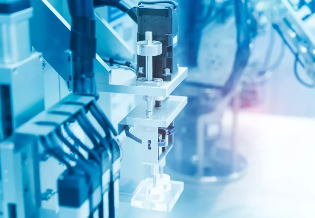 Close-up of advanced robotic equipment in a sterile laboratory environment, likely used for automated biopharmaceutical manufacturing. The precise machinery and cables suggest high-tech processes such as drug production or quality control.