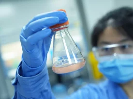 A scientist wearing a face mask, safety goggles, and blue gloves is holding a conical flask with an orange cap. The flask contains a pink liquid and some solid particles. In the blurred background of the laboratory, bioanalytical development tools hint at advanced research in absolute bioavailability.