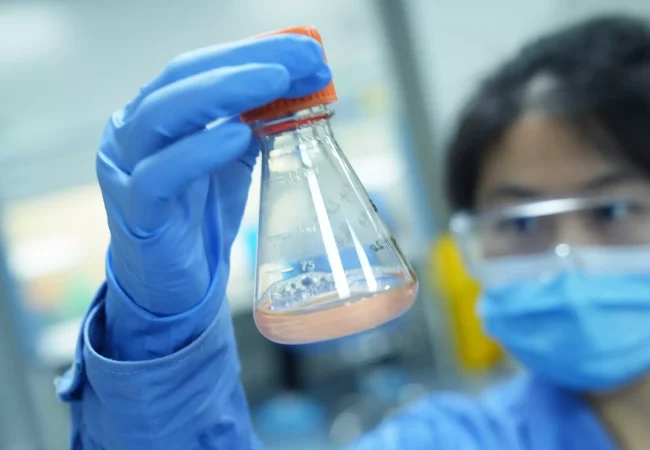 A scientist wearing a face mask, safety goggles, and blue gloves is holding a conical flask with an orange cap. The flask contains a pink liquid and some solid particles. In the blurred background of the laboratory, bioanalytical development tools hint at advanced research in absolute bioavailability.