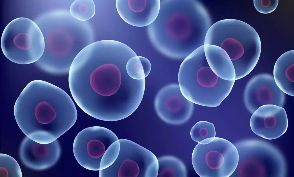 An illustration showing semi-transparent cells with visible nuclei floating in a dark blue background. The cells, varying in size, display pinkish-red nuclei at their centers, evoking depth and complexity akin to genetic toxicology studies.