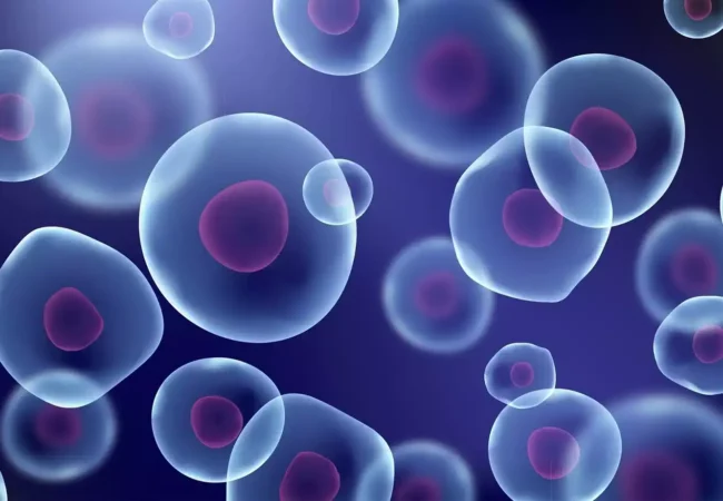 An illustration showing semi-transparent cells with visible nuclei floating in a dark blue background. The cells, varying in size, display pinkish-red nuclei at their centers, evoking depth and complexity akin to genetic toxicology studies.