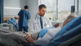 A doctor reviews a patient’s chart while another patient rests in the background in a hospital room, with a focus on human AME studies.