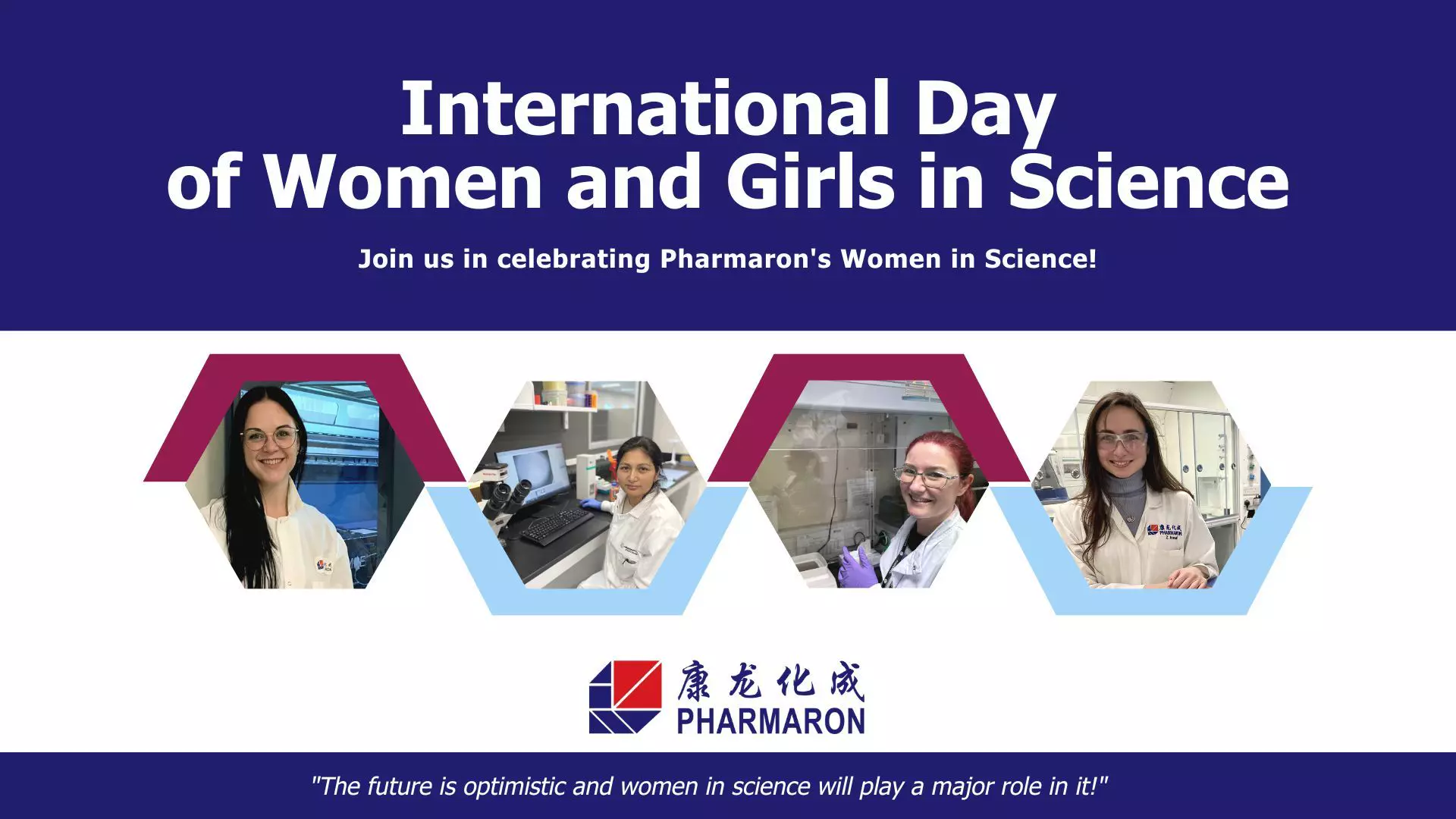 Banner celebrating International Day of Women and Girls in Science, featuring photos of female scientists at Pharmaron and highlighting their contributions.