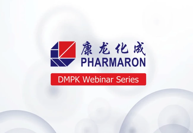 Pharmaron promotional image for the DMPK Webinar Series, featuring the Pharmaron logo with an abstract geometric shape and text at the top, accompanied by Chinese characters and "PHARMARON". Below, a red banner reads "DMPK Webinar Series". The background includes abstract circles and mentions bioanalytical development.
